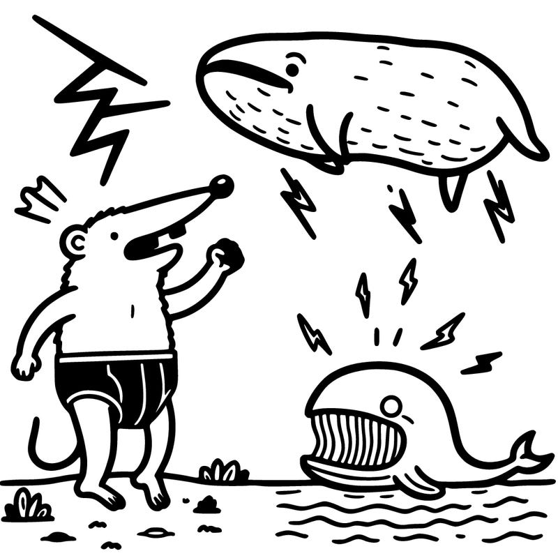 a flying mole wearing panties, who gets struck by lightning. on the ground, a walking whale is laughing at the mole.