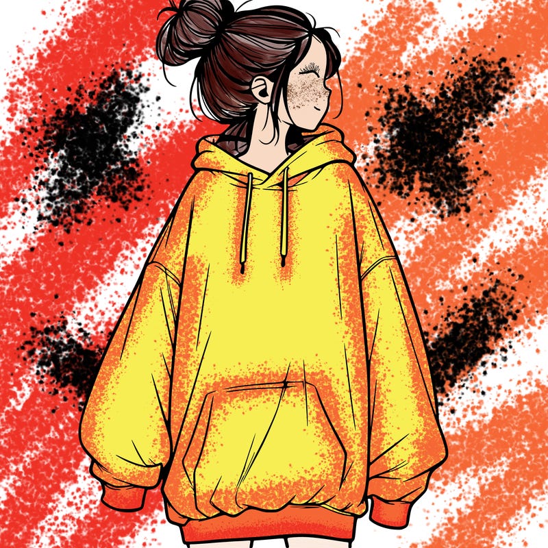 realistic girl with a oversized sweatshirt on and a bun
