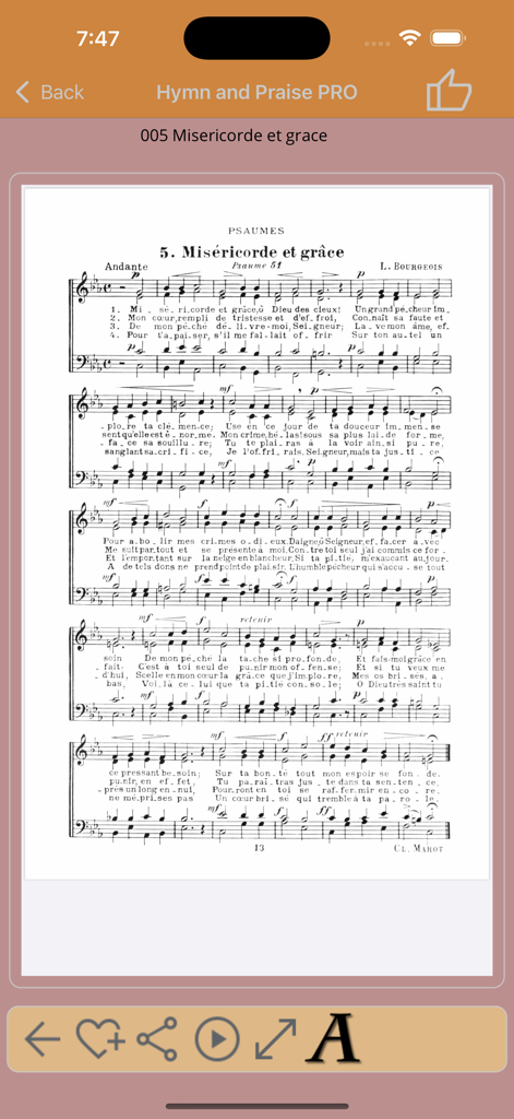 Digital sheet music and lyrics for the French hymn Misericorde et grace