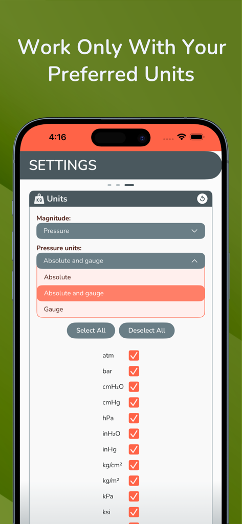 Pressure unit customization screen in the Vapour Pressures app showing various scientific unit options.