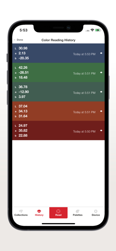 Datacolor ColorReader - A mobile screen showing the color reading history of the Datacolor ColorReader app with various color swatches and their Lab values.