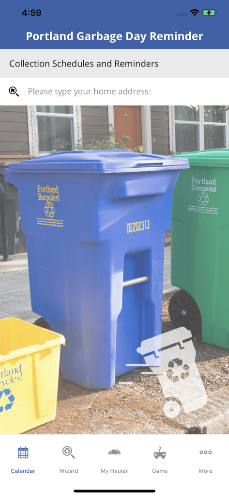 Portland Garbage Day Reminder - Portland Garbage Day Reminder app home screen showing address search and local recycling bins