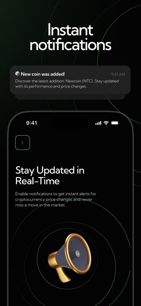 Crypto Buzzer - Pantalla de la aplicación Crypto Buzzer para habilitar notificaciones instantáneas de cambios de precios de criptomonedas con un ícono de megáfono dorado.