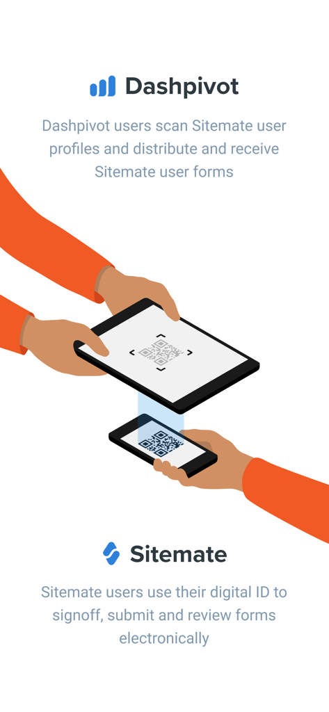 Sitemate - Illustration of a Dashpivot tablet scanning a Sitemate QR code on a mobile phone for digital ID signoff