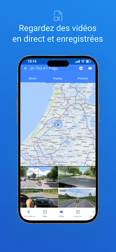 Geoweb.2 Tracking - Panel de control Geoweb Tracking que muestra transmisiones de video en vivo de las cámaras del tablero y seguimiento de vehículos en tiempo real en un mapa