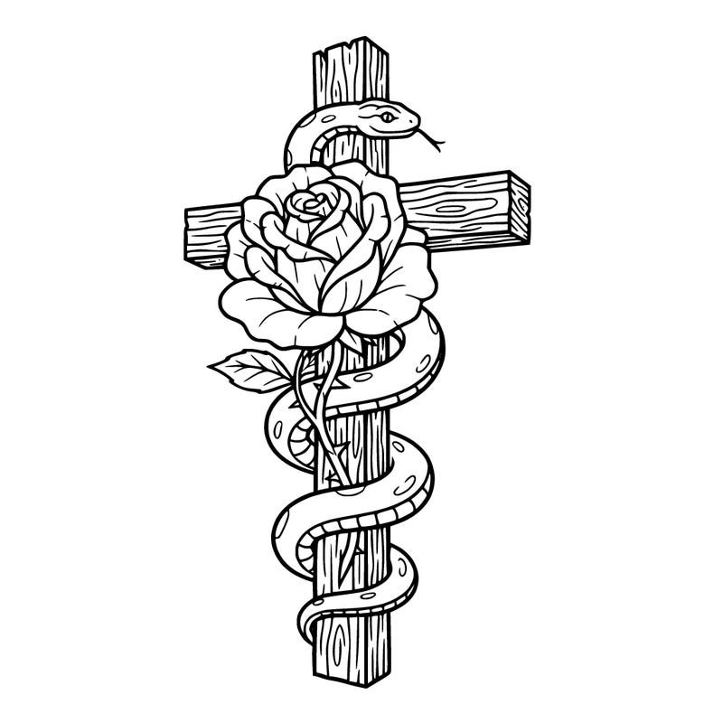 a rose with a snake wrapping around a realistic cross