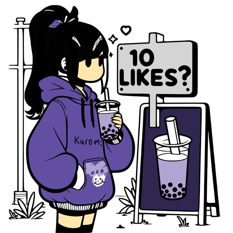 girl with oversized hoodie drinking boba and she has a high ponytail with a sign that says 10likes?