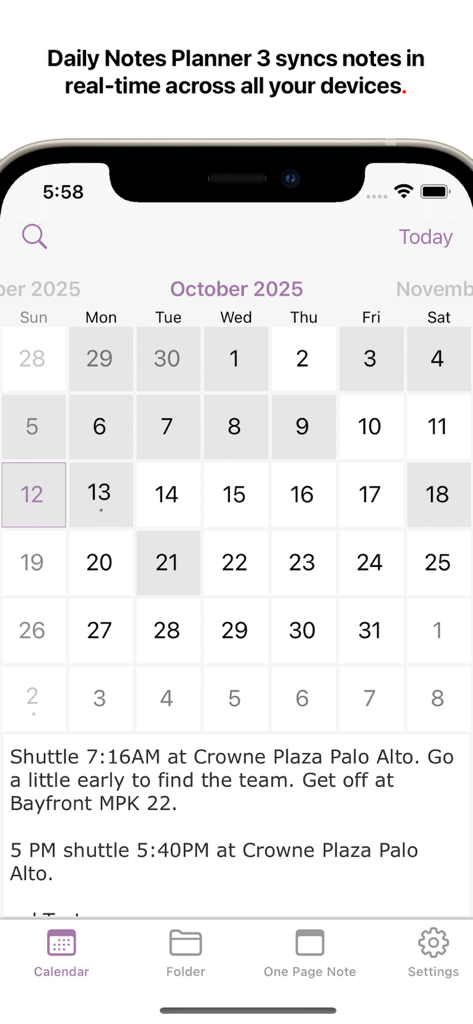 Daily Notes Planner 3 - Daily Notes Planner 3 app showing a monthly calendar view with text notes for a specific date on iPhone