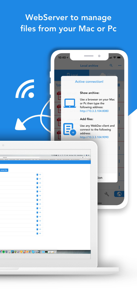 Interface of Total Files Pro showing the web server feature to manage mobile files from a Mac or PC.