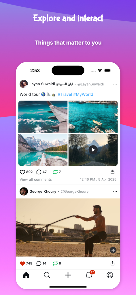 Mobile interface of UpScrolled social app showing a user feed with travel photos and workout videos