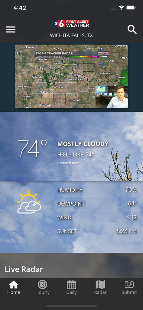 First Alert 6 Weather - First Alert 6 Weather app interface displaying current 74 degree temperature and storm tracker radar for Wichita Falls Texas.