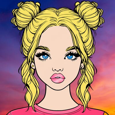 realistic girl with two buns in hair and lips