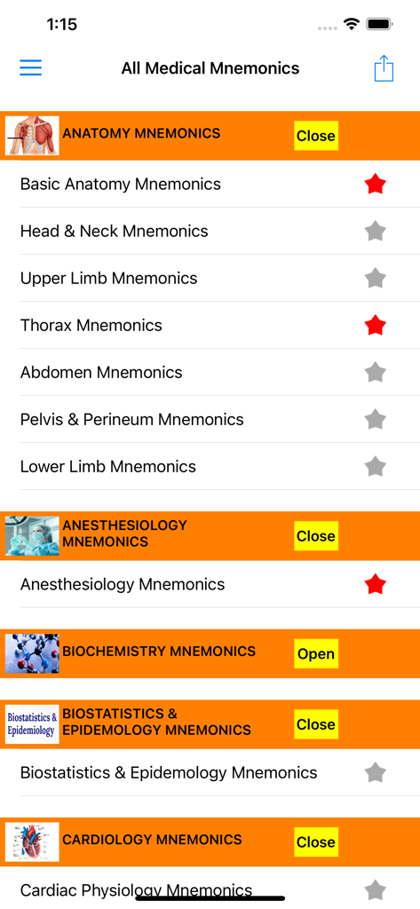 All Medical Mnemonics App - Screenshot of All Medical Mnemonics App displaying study categories like Anatomy and Cardiology