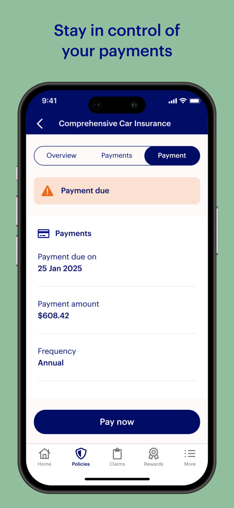 NRMA Insurance - NRMA Insurance app interface displaying a car insurance payment due notice and a pay now button