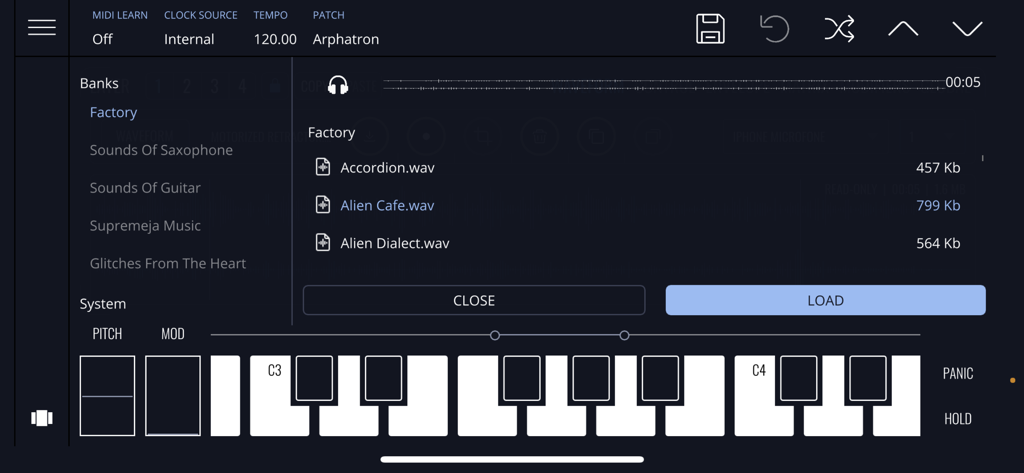 Interface of the FRMS Granular Synthesizer app showing the factory sample bank and a virtual musical keyboard