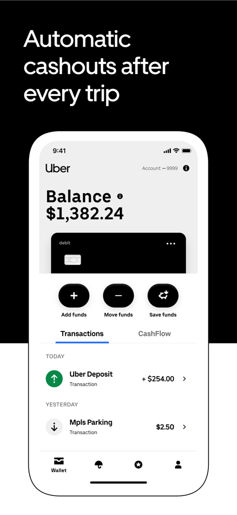 Uber Pro Card app interface showing account balance and automatic cashout transactions