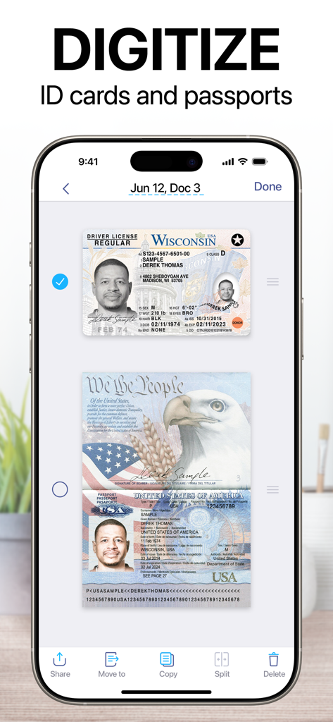 Interfaz de la aplicación iScanner mostrando escaneos digitales de alta calidad de una licencia de conducir y un pasaporte en un iPhone.