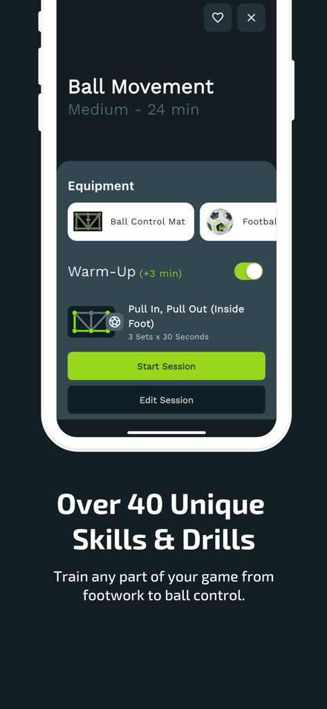 Project Pro: Ball Mastery - Project Pro app screen displaying a soccer ball movement training session with over 40 unique skills and drills.