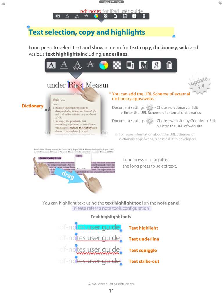 pdf-notes for iPad (ads) - Capture d'écran du guide utilisateur de pdf-notes montrant la sélection de texte, la recherche dans le dictionnaire et les outils d'annotation tels que la mise en surbrillance et le soulignement.