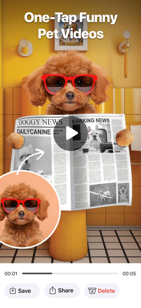 A poodle with red sunglasses reading a newspaper in a funny AI-generated video.