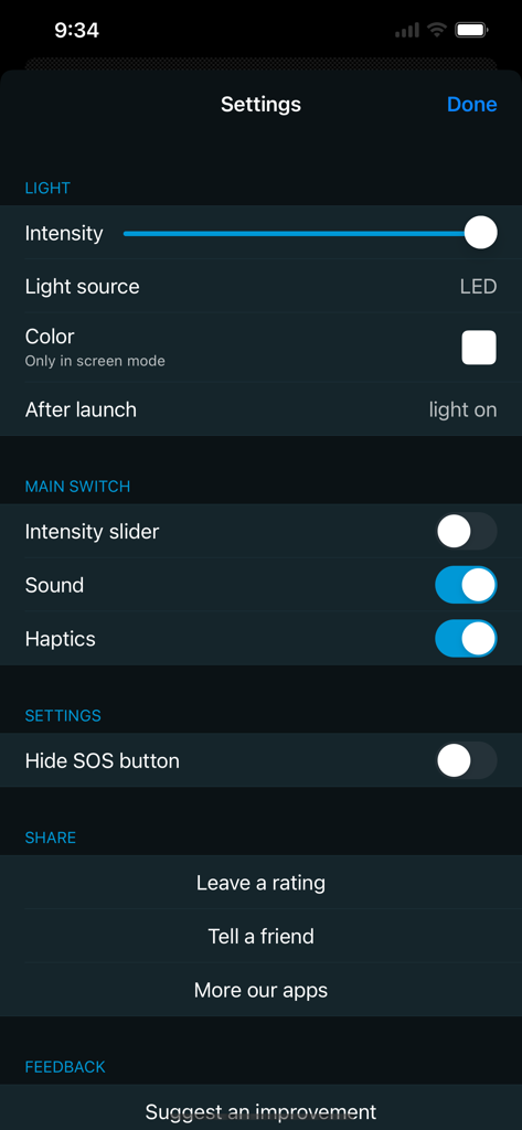 The settings menu of the Flashlight x app showing options for light intensity, light source, sound, and haptics.
