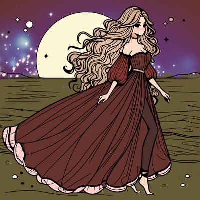 beautiful woman with a vaporous long dress walking on the beach at the noon, detailed art