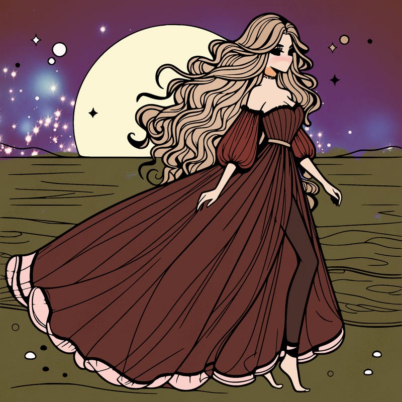 beautiful woman with a vaporous long dress walking on the beach at the noon, detailed art