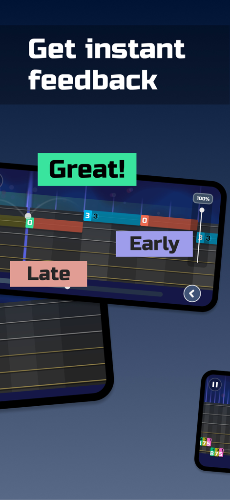 Timbro Guitar - Learn Guitar - Timbro Guitar app interface displaying real-time feedback on playing accuracy with labels for great timing or early and late notes