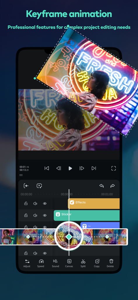 Écran de smartphone montrant l'édition d'animation par keyframe dans l'application Filmora HD