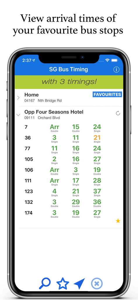 L'application SG Bus Timing affiche les horaires d'arrivée des bus en temps réel pour un arrêt de bus favori.