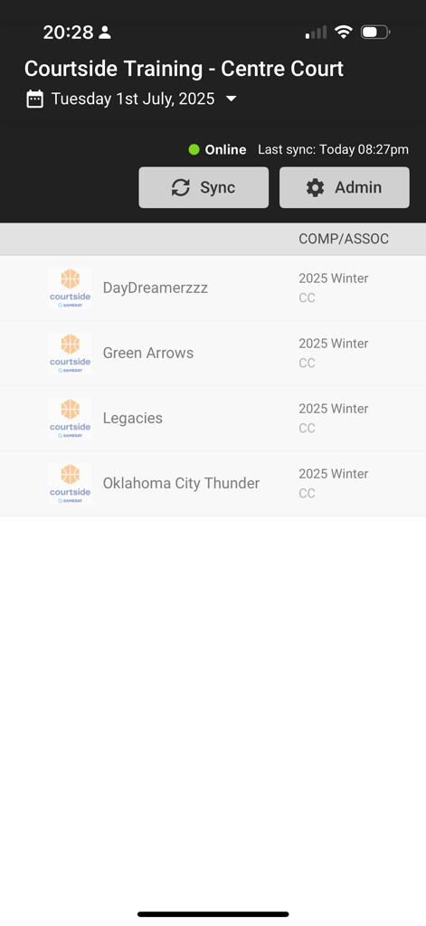 Courtside by SportsTG - Courtside basketball scoring app interface showing team selection and sync status