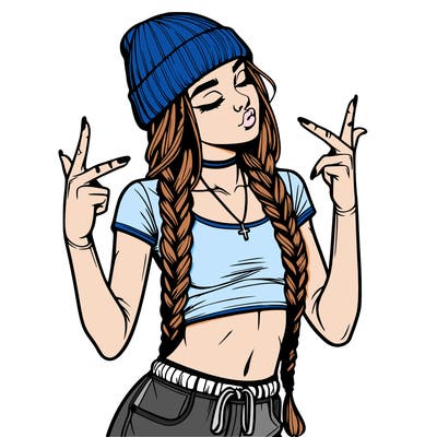 realistic teenage girl with braids and a beanie and crop top doing 🫶🏼