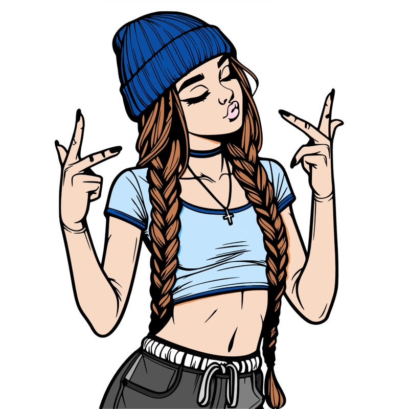 realistic teenage girl with braids and a beanie and crop top doing 🫶🏼