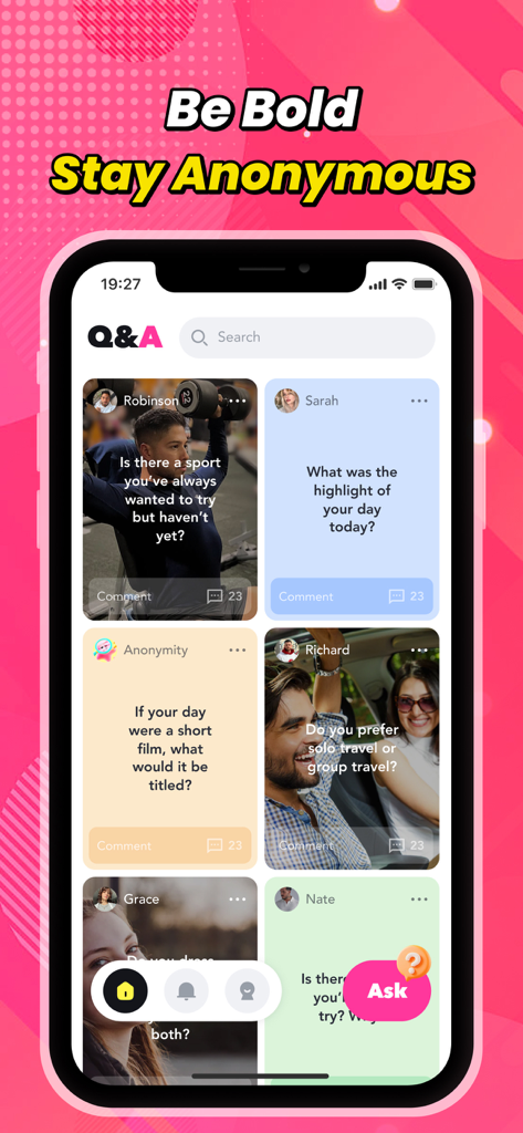 A screenshot of the Mellow app's Q&A feed featuring anonymous conversation prompts and user questions.