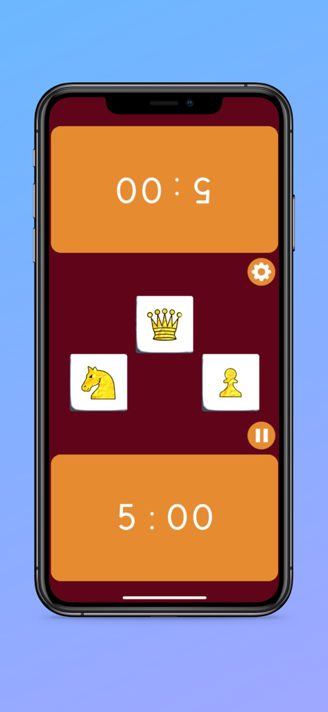 Dice Chess Timer - Interface of the Dice Chess Timer app showing a dual five minute clock and random chess piece icons for a chess variant.