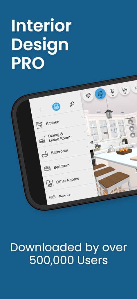 Interior Design PRO - Interface de l'application Interior Design PRO affichant le rendu 3D de la cuisine et les catégories de pièces