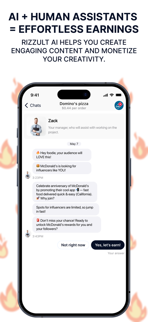 Rizzult App-Oberfläche, die einen Chat mit einem Creator Manager über Markenkooperationen mit McDonalds und Dominos zeigt.