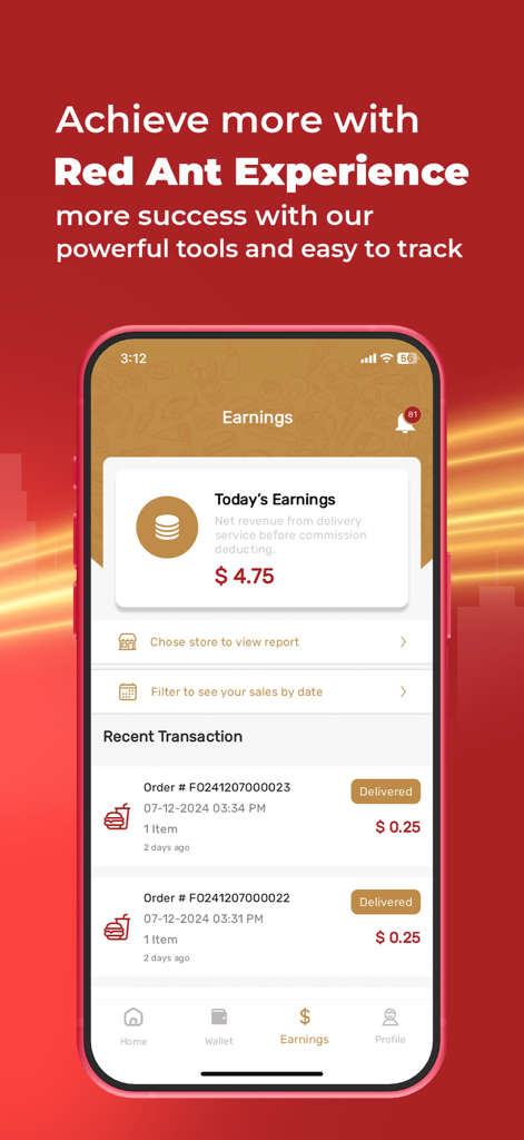 Red Ant Merchant - Mobile dashboard of the Red Ant Merchant app showing today earnings and a list of recent delivery transactions.
