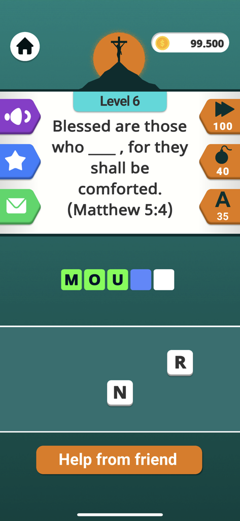 Bible Word Puzzle Games - A gameplay screenshot of the Bible Word Puzzle game featuring a fill-in-the-blank verse from Matthew 5:4 and a word puzzle board.