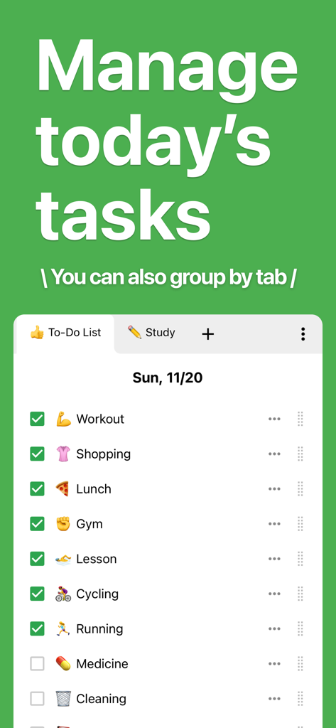 Daily Checklist app interface showing a task list with checkboxes and category tabs.