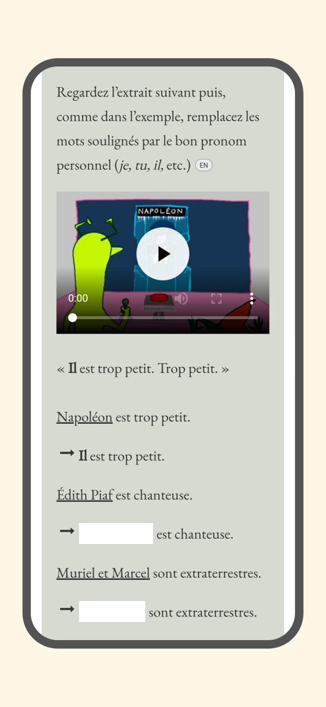 Frantastique - Interfaz de la aplicación Frantastique que muestra un ejercicio de gramática francesa para pronombres personales con un video de dibujos animados humorísticos.