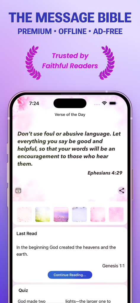 The Message Bible Pro app interface showing the Verse of the Day feature with a quote from Ephesians