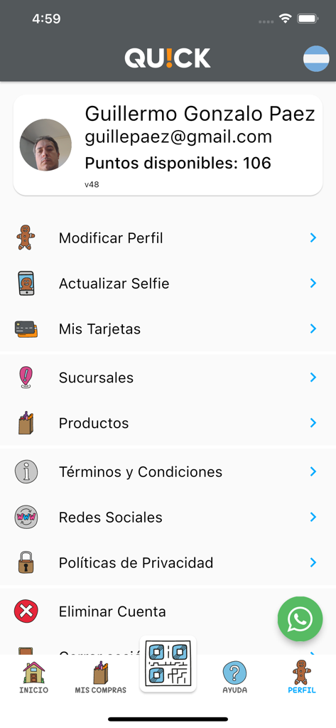 User profile screen of the Quick Scan and GO app showing account details available points and navigation menu
