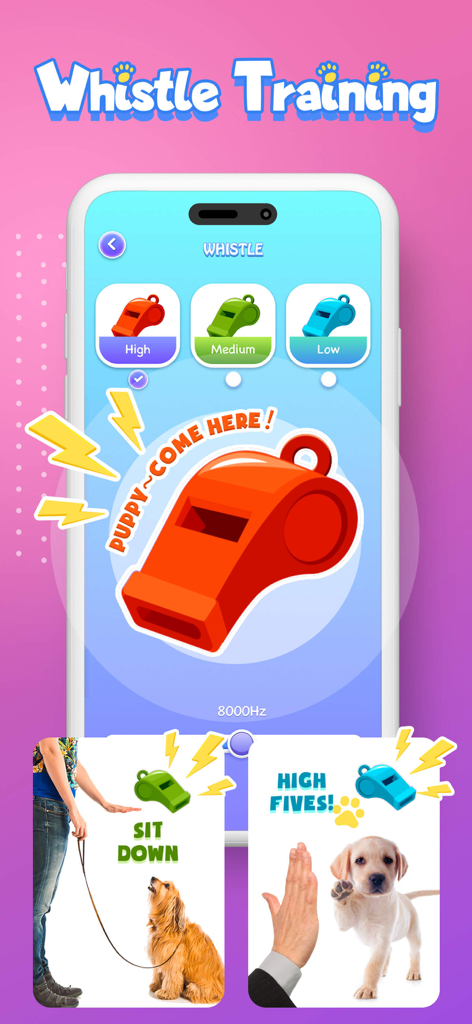 PawsTalk app interface showing whistle training options with high medium and low frequencies and dog training examples