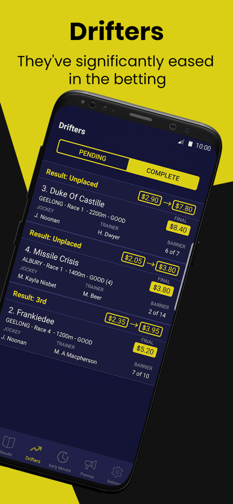 Plunge: Horse Racing - 특정 말의 베팅 배당률이 크게 상승했음을 보여주는 플런지 경마 앱의 Drifters(급등) 화면 스크린샷
