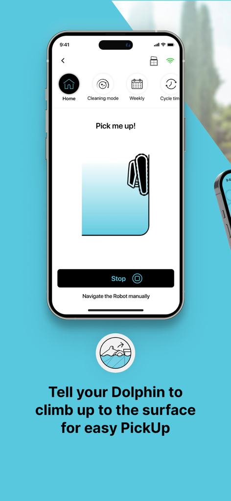 MyDolphin Plus - MyDolphin Plus app interface showing the pick me up feature that makes the robotic pool cleaner climb to the water surface