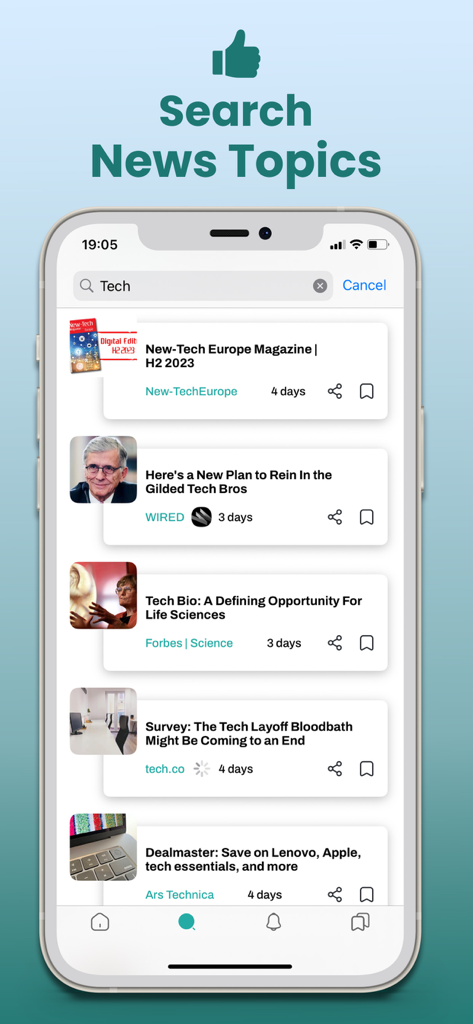 Interface do aplicativo Techfusion mostrando uma busca por tópicos de notícias de tecnologia com uma lista de artigos curados