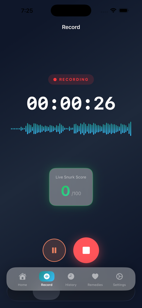 Snore Recorder Tracker - Interface of the Snore Recorder Tracker app showing a live audio recording with a waveform and live sleep score.