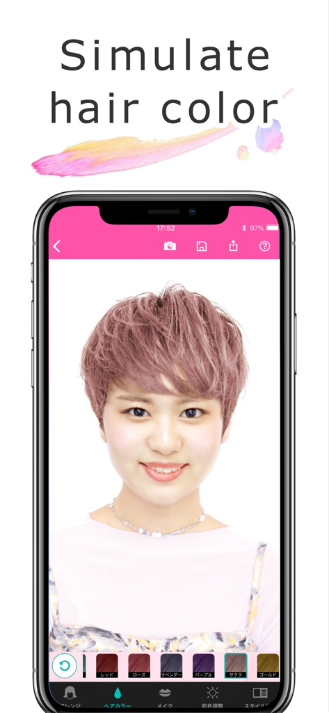 Woman trying a pink hair color in Rasysa Hairstyle Designer app