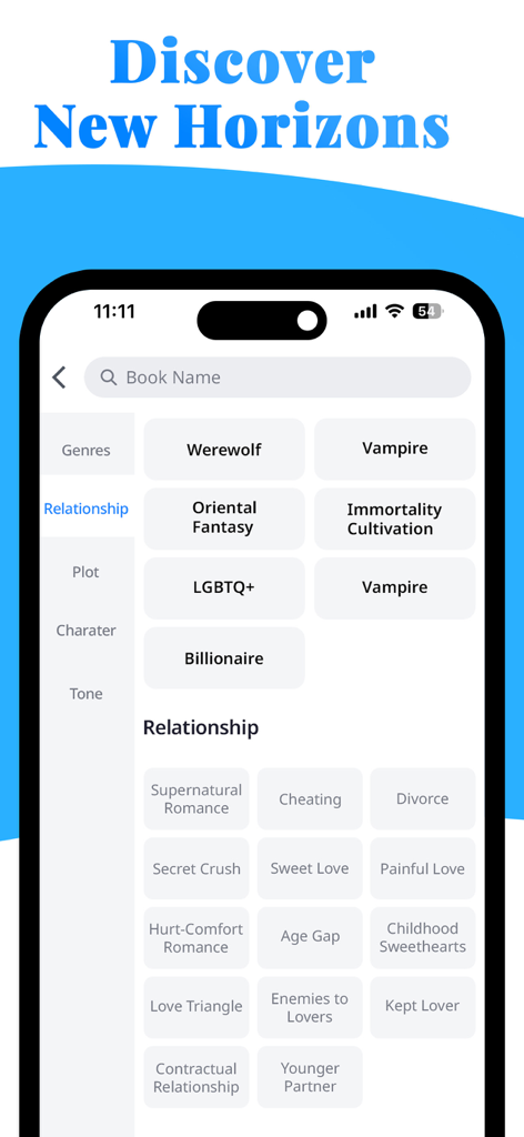 UrNovel: Story Books & Novels - UrNovel app interface showing story tags for genres and relationship tropes like Werewolf, Vampire, and Billionaire.